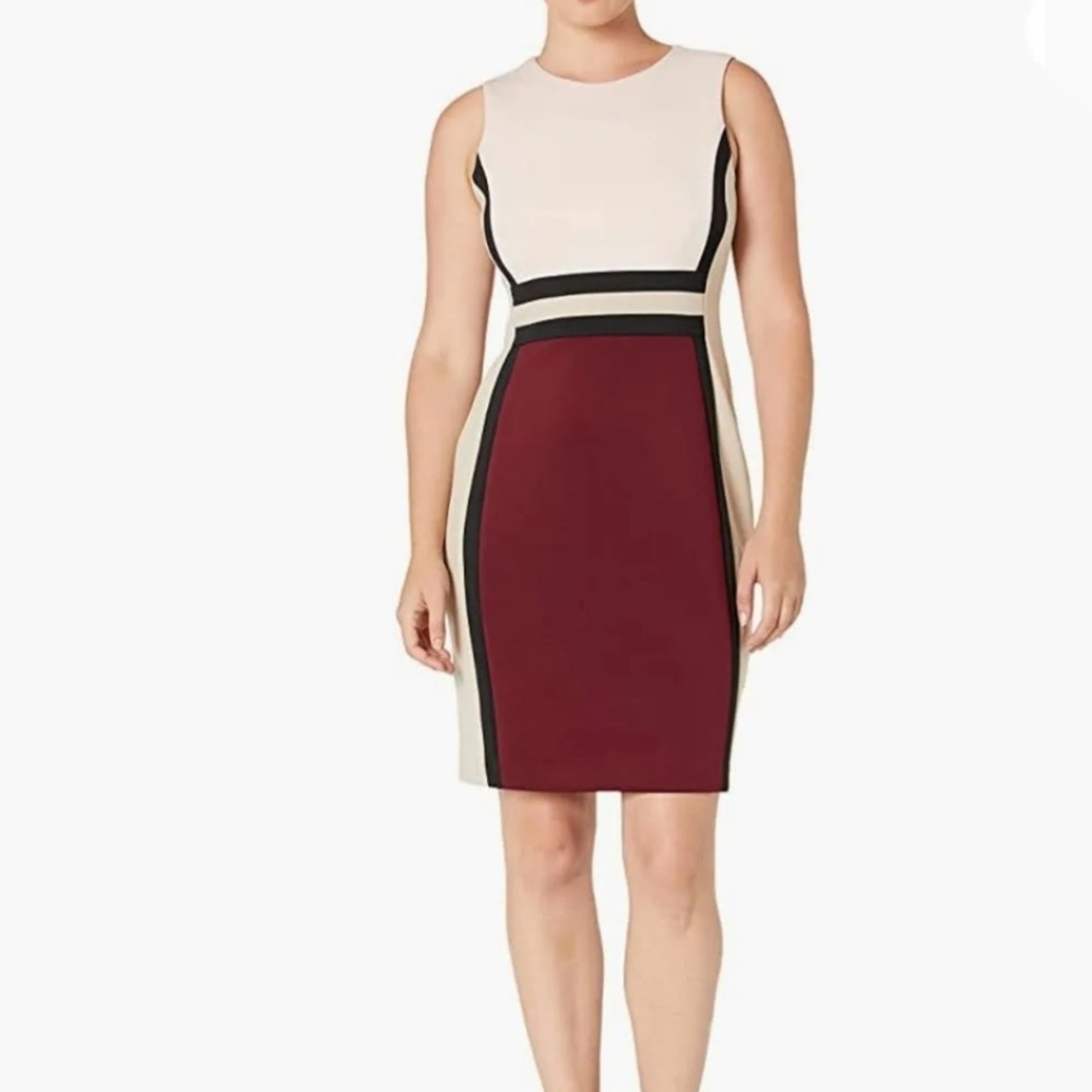 Calvin Klein Pink Burgundy Tan Colorblock Scuba Sheath Dress Sz 8 Work Career